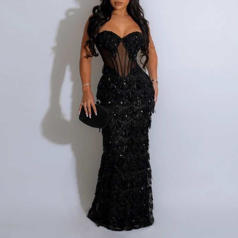 Sequin Fringe Sheer Corset Mermaid Maxi Gown - Black