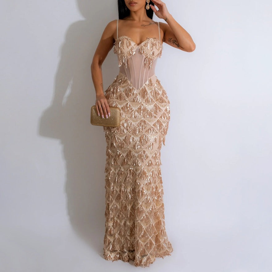 Sequin Fringe Sheer Corset Mermaid Maxi Gown - Champagne