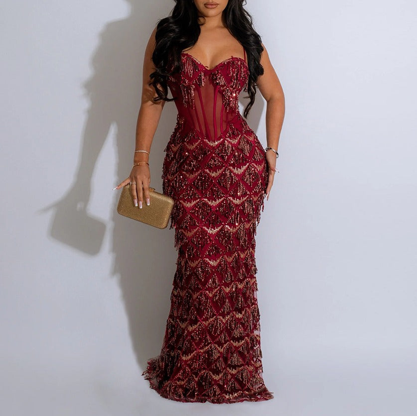 Sequin Fringe Sheer Corset Mermaid Maxi Gown - Wine Red