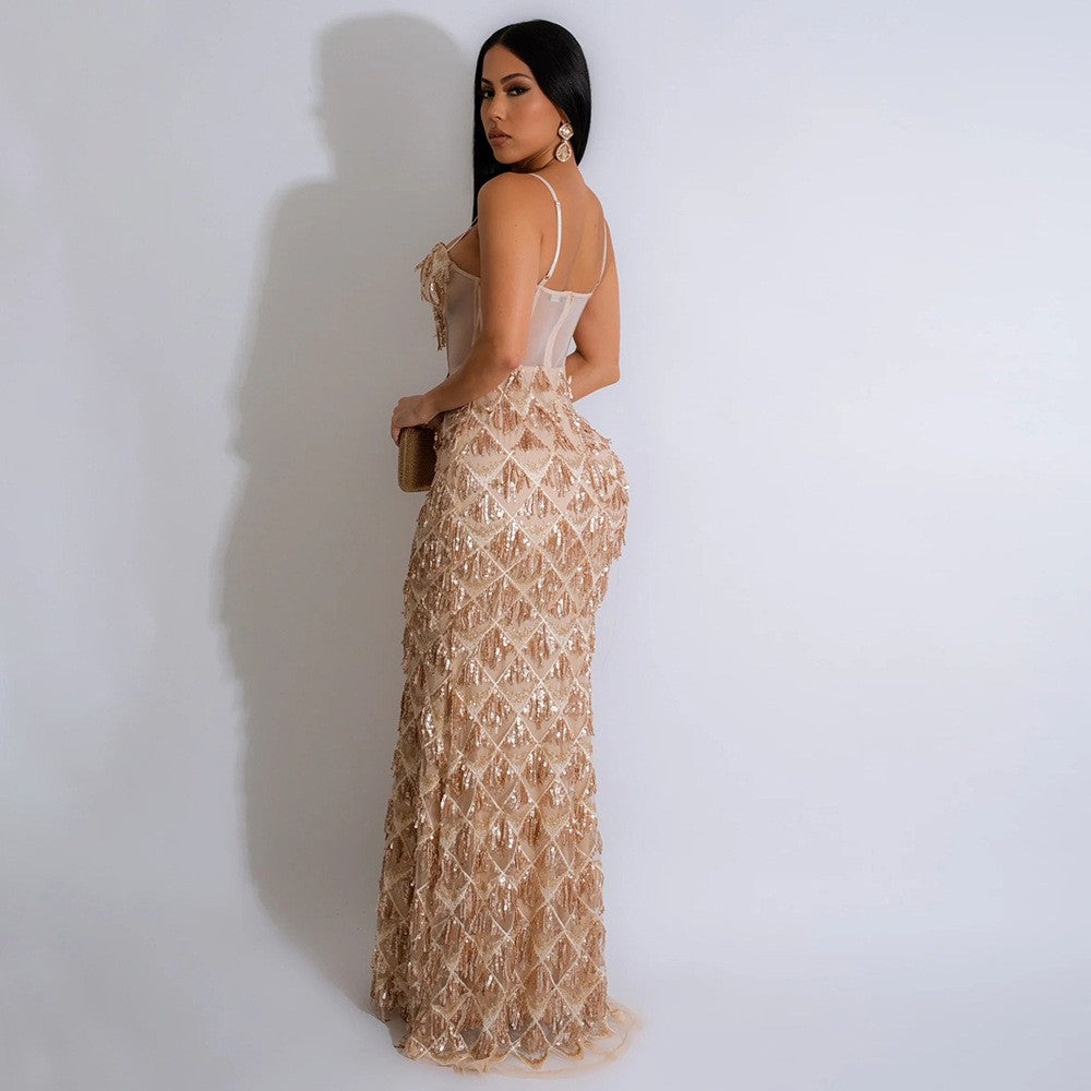 Sequin Fringe Sheer Corset Mermaid Maxi Gown