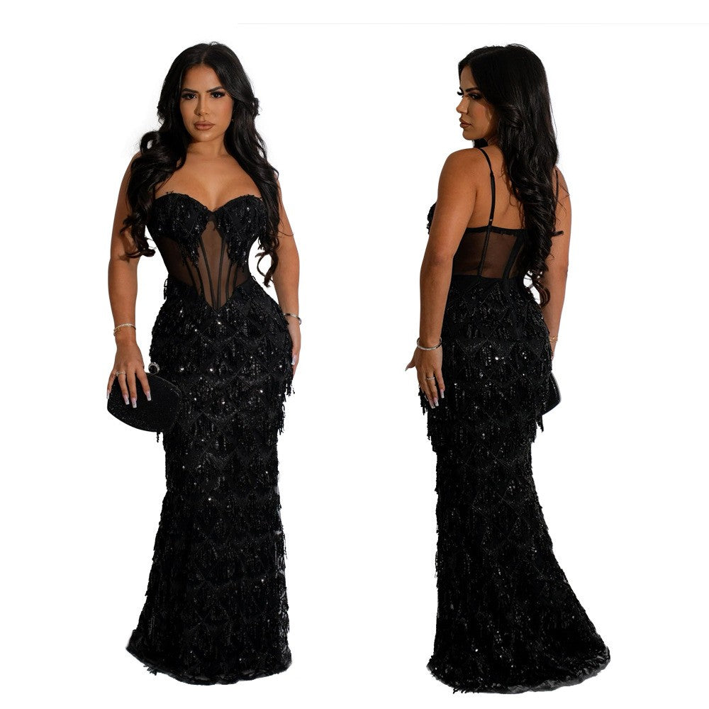 Sequin Fringe Sheer Corset Mermaid Maxi Gown