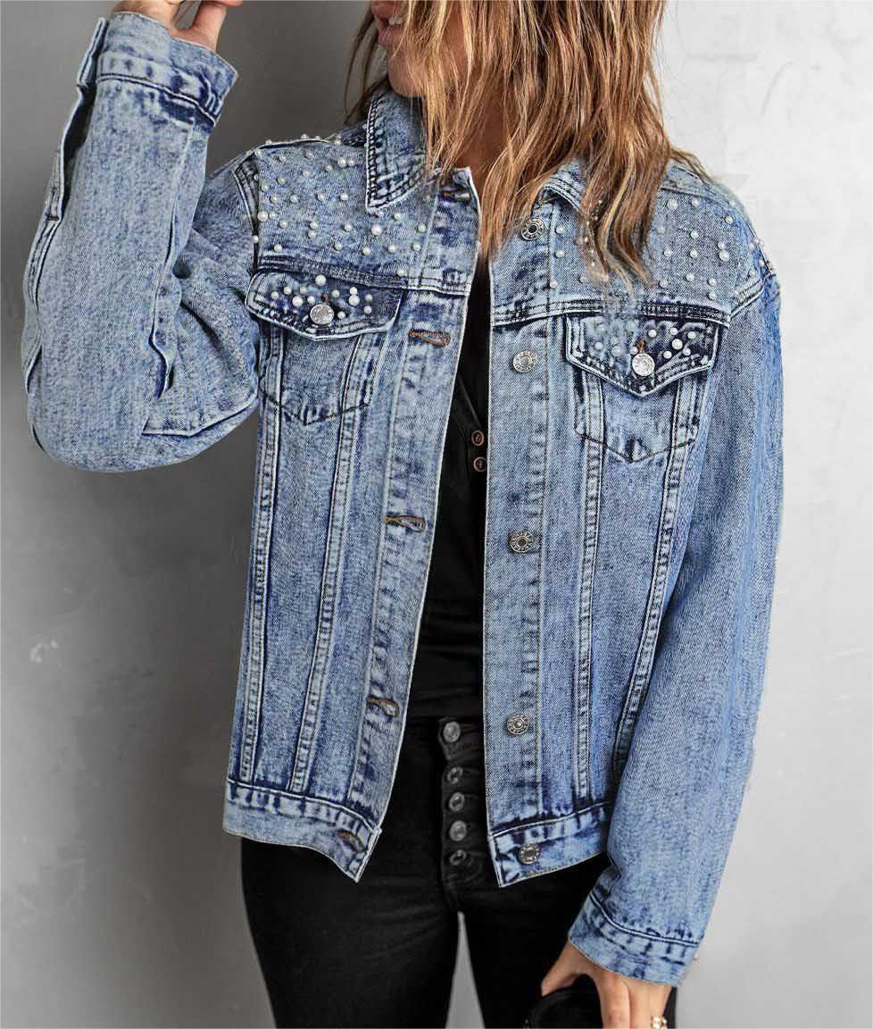 Pearl Embellished Acid Wash Denim Jacket - blue