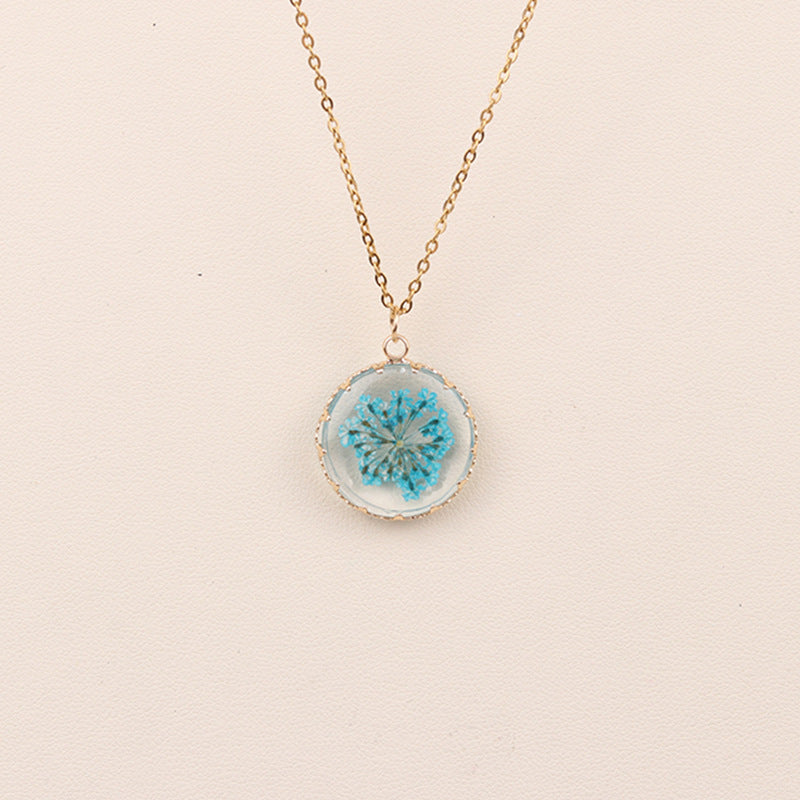 Pressed Dried Flower Resin Pendant Necklace - Blue
