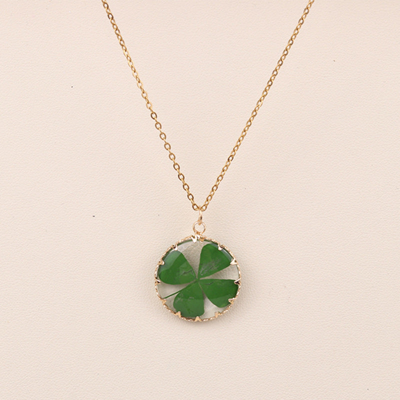 Pressed Dried Flower Resin Pendant Necklace - Four-leaf