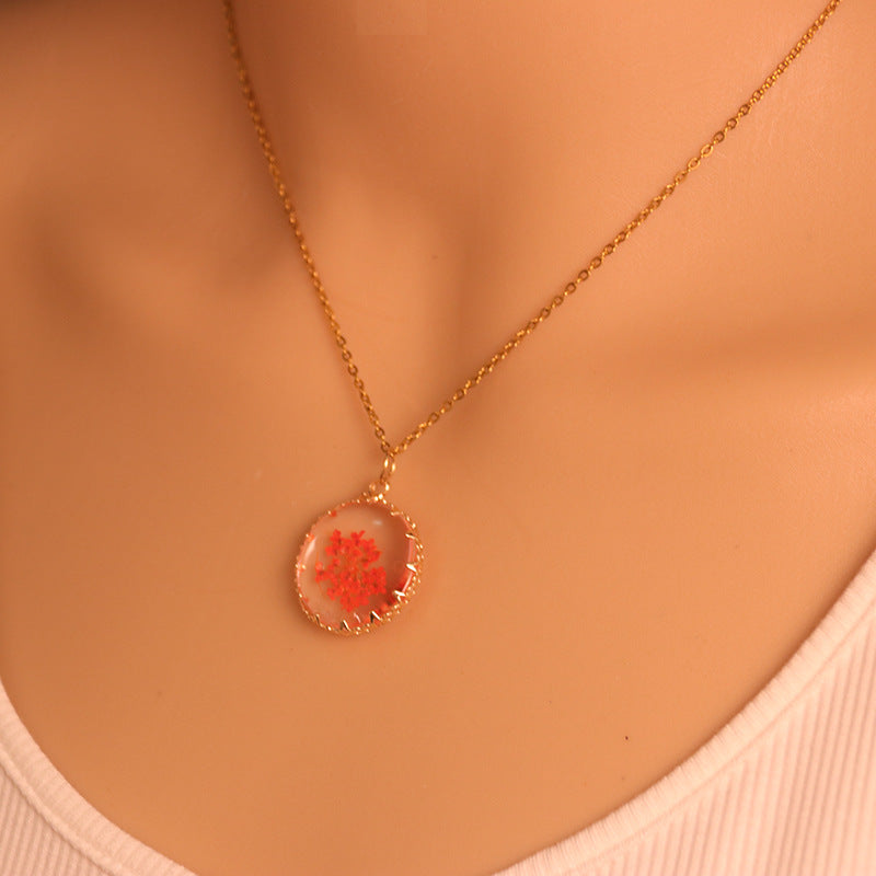 Pressed Dried Flower Resin Pendant Necklace - Orange