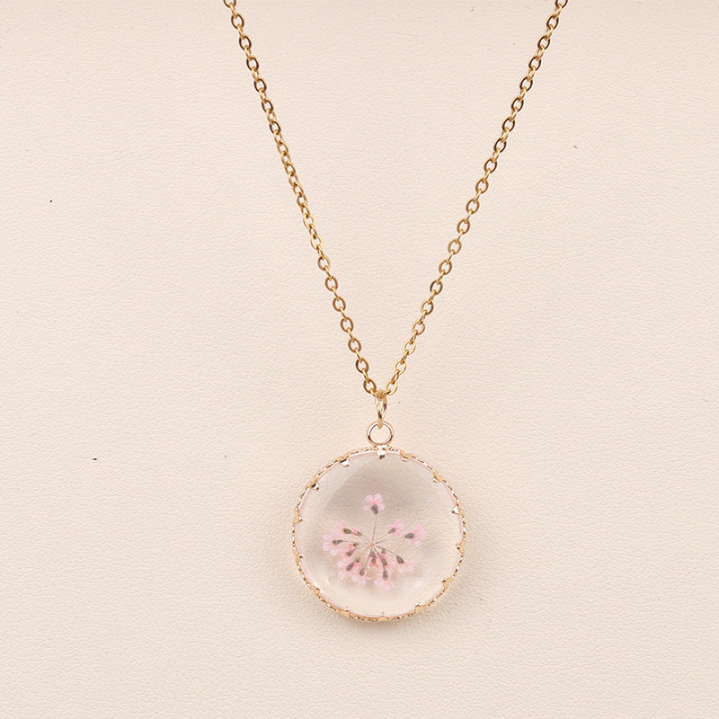 Pressed Dried Flower Resin Pendant Necklace - Pink