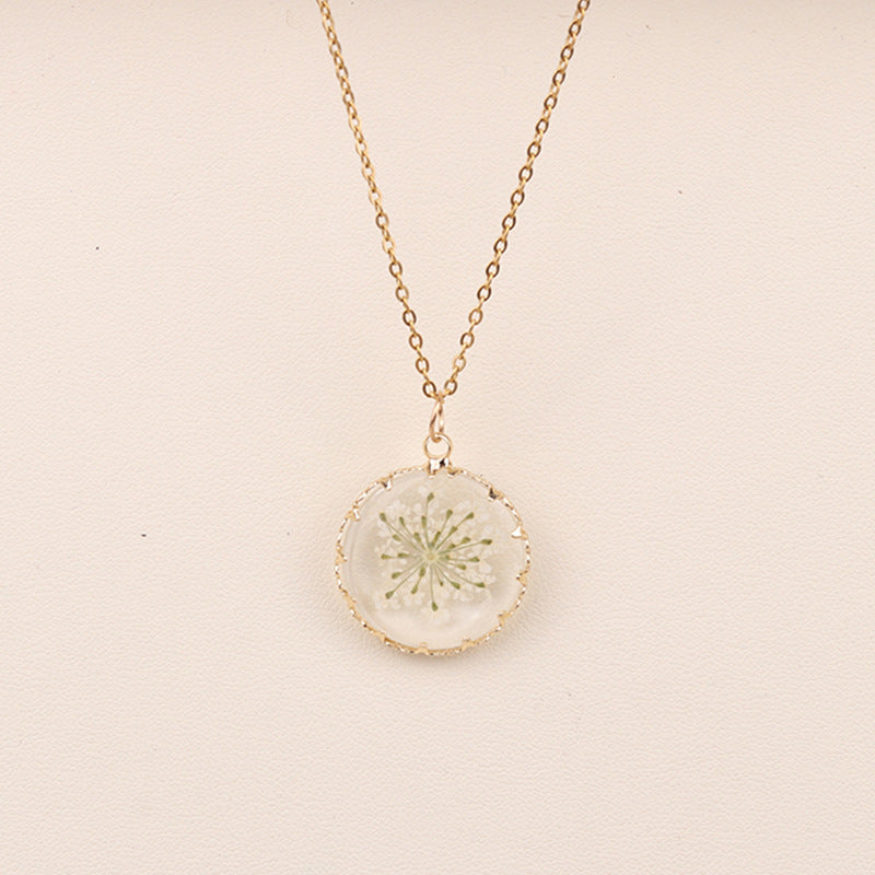 Pressed Dried Flower Resin Pendant Necklace - White