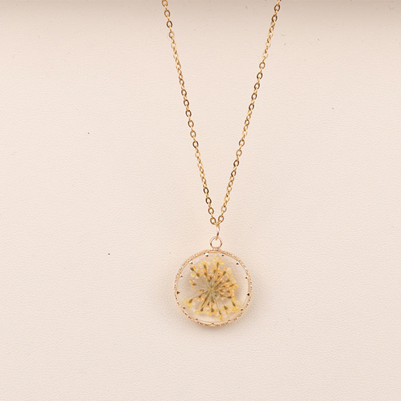 Pressed Dried Flower Resin Pendant Necklace - Yellow