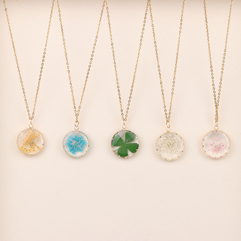 Pressed Dried Flower Resin Pendant Necklace