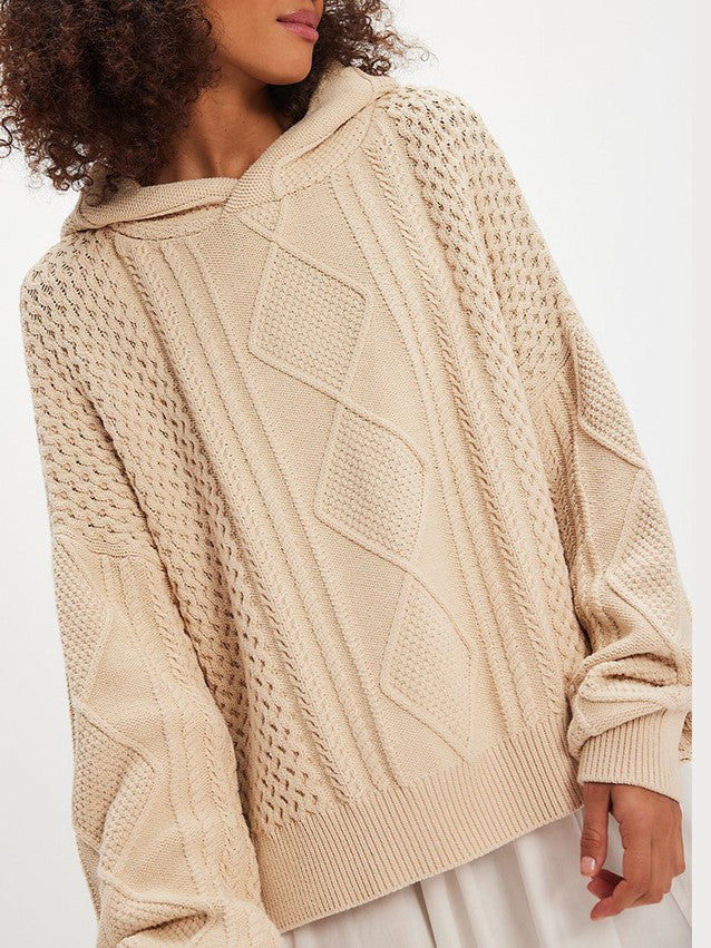 Oversized Cable Knit Hooded Sweater - Beige