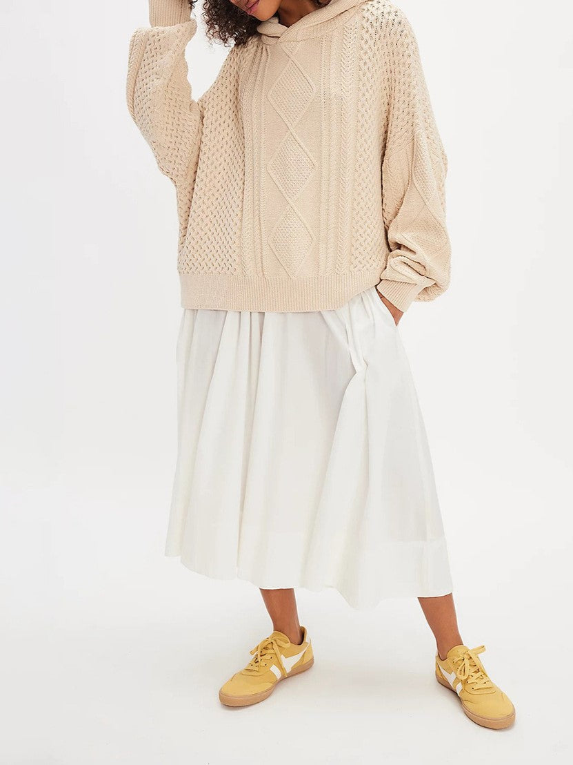 Oversized Cable Knit Hooded Sweater - Beige - 1