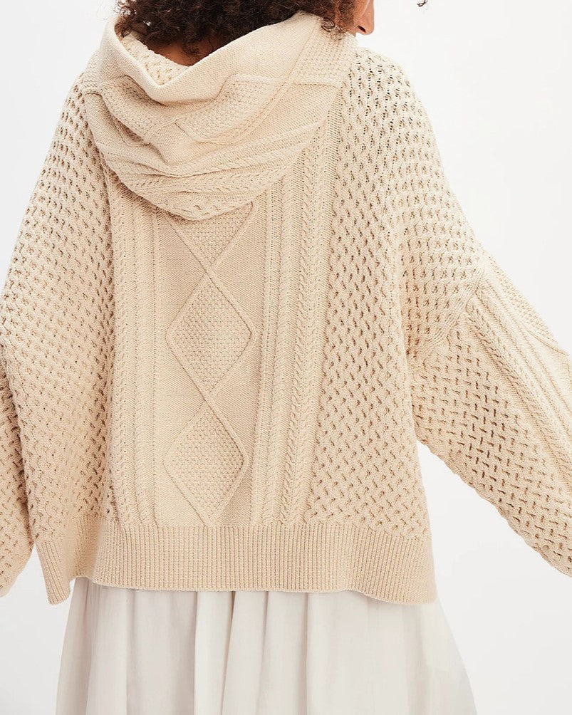 Oversized Cable Knit Hooded Sweater - Beige - 2