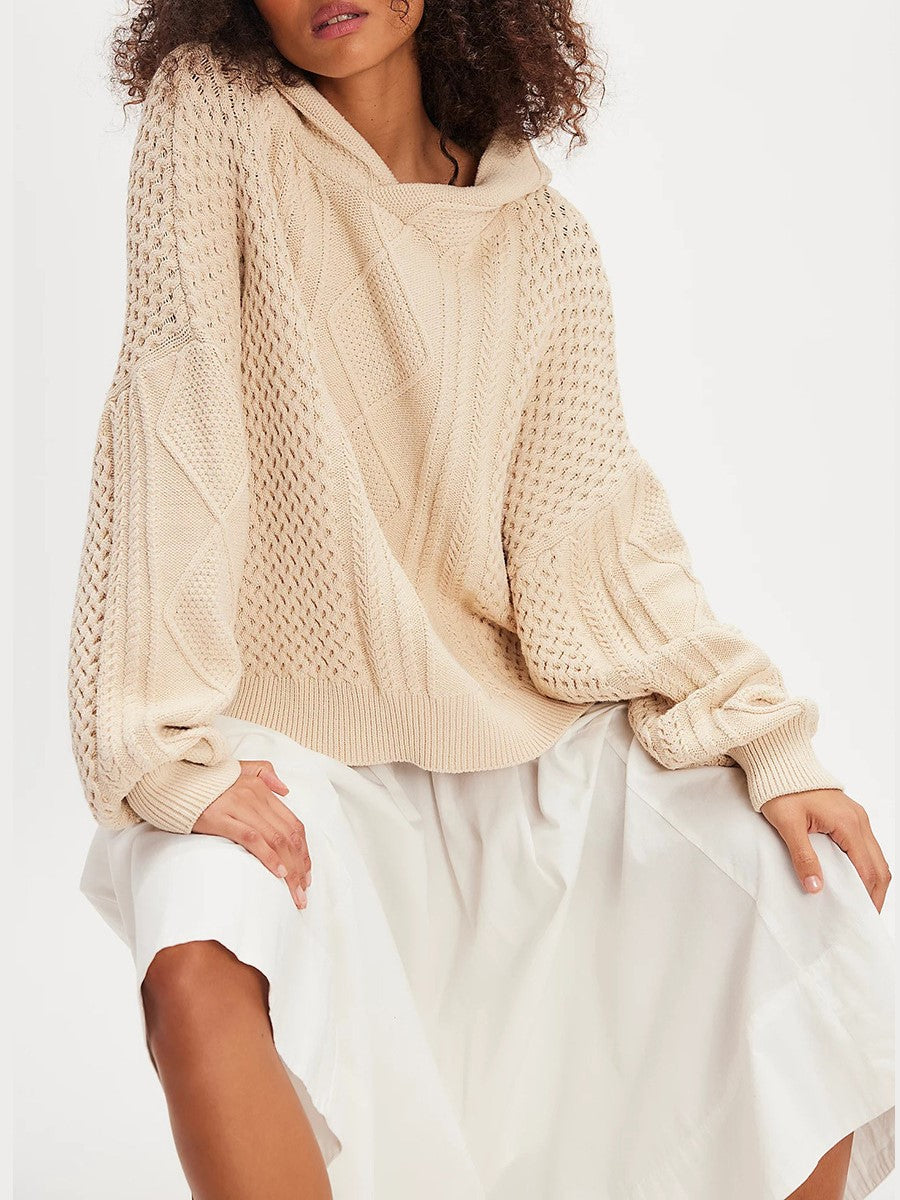 Oversized Cable Knit Hooded Sweater - Beige - 3