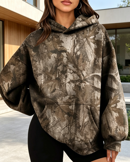 Abstract Branch-Print Oversized Pullover Hoodie - Brown