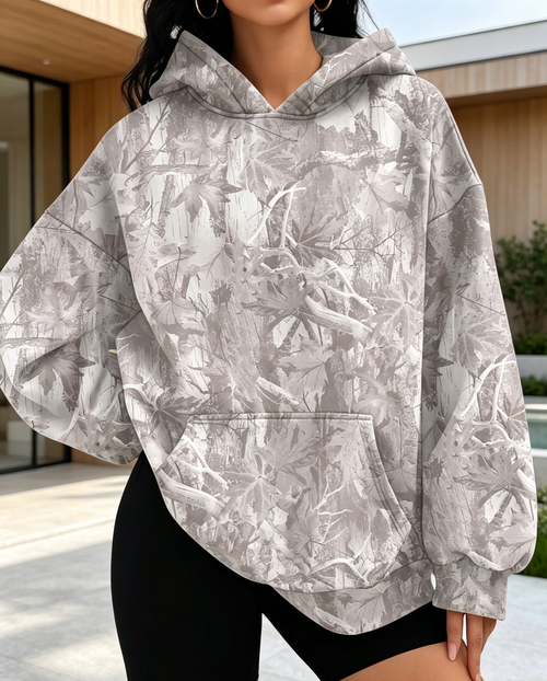 Abstract Branch-Print Oversized Pullover Hoodie - Grey