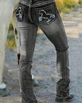 Embroidered Horse Pocket Jeans Faded Denim - Black
