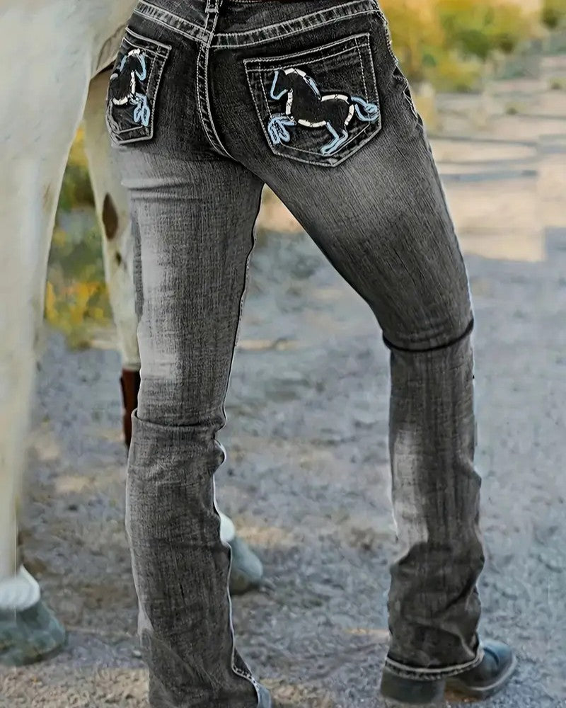 Embroidered Horse Pocket Jeans Faded Denim - Black