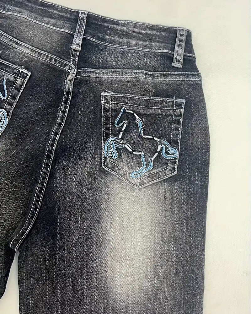 Embroidered Horse Pocket Jeans Faded Denim - Black - 2