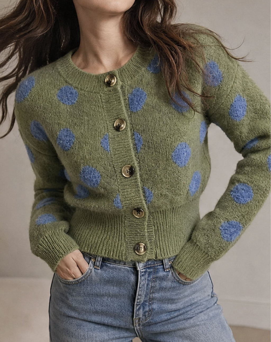 Green Dot Cropped Button Front Cardigan - Green