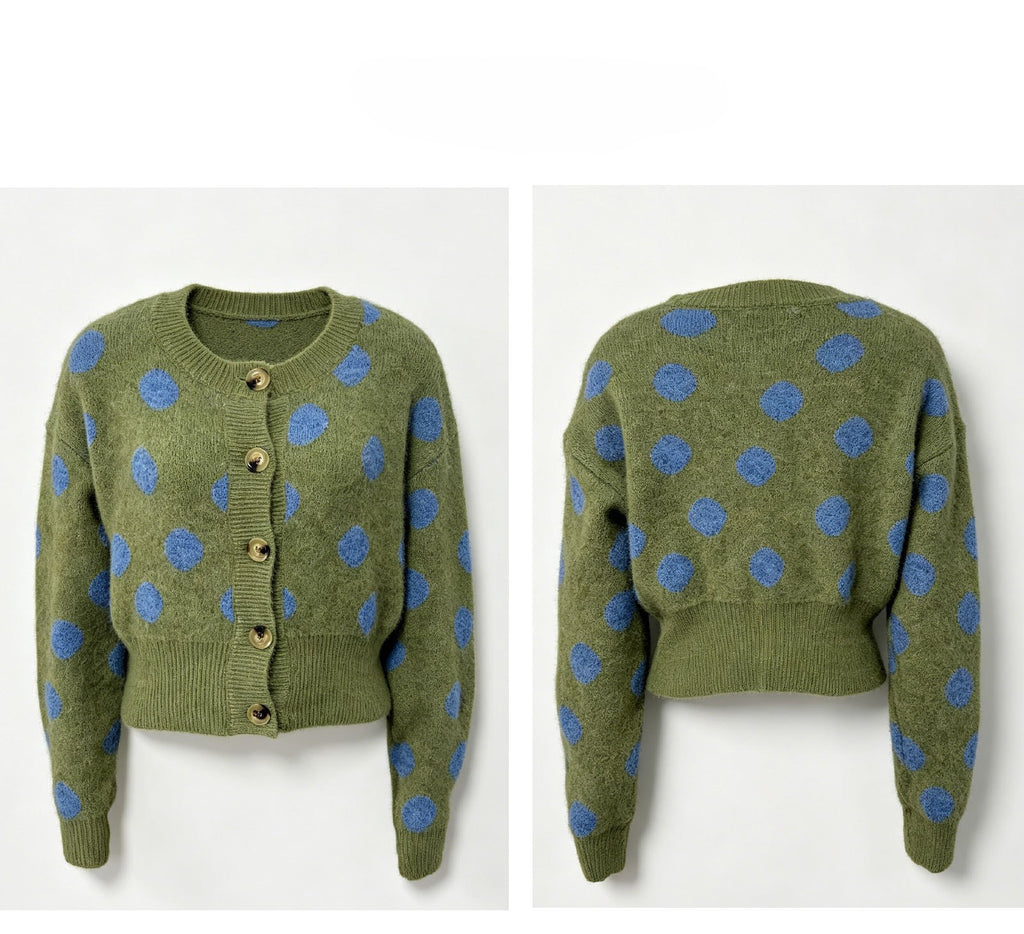 Green Dot Cropped Button Front Cardigan - Green - 1