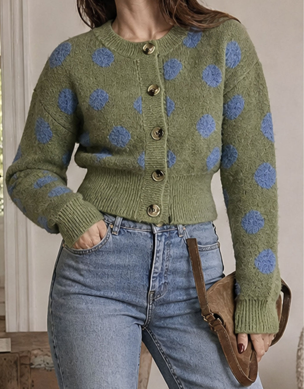 Green Dot Cropped Button Front Cardigan - Green - 2