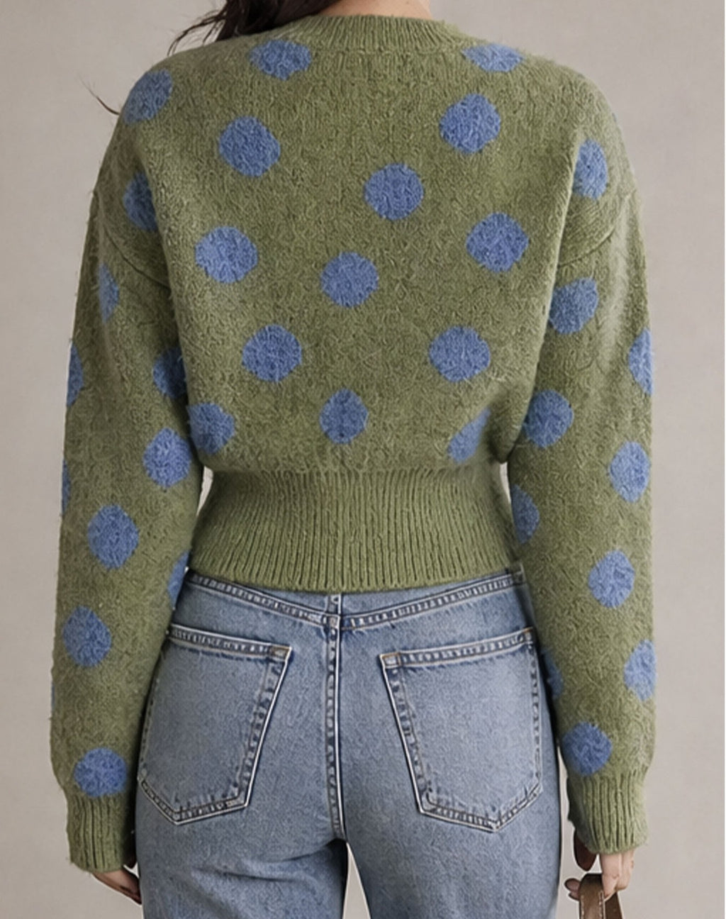 Green Dot Cropped Button Front Cardigan - Green - 3