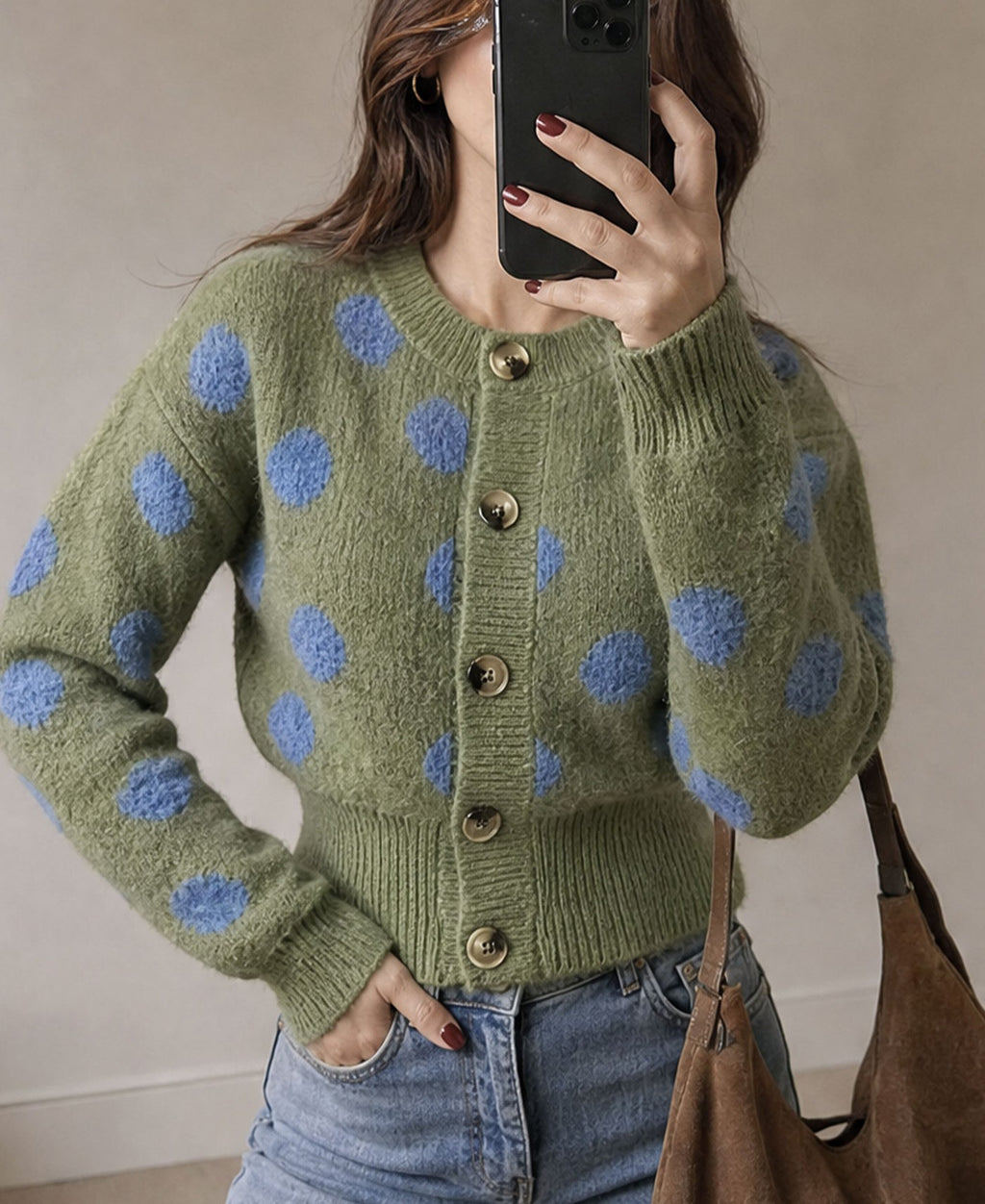 Green Dot Cropped Button Front Cardigan - Green - 4