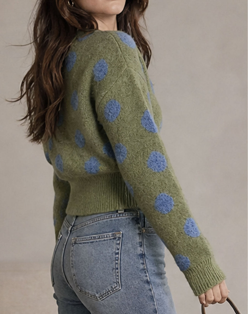 Green Dot Cropped Button Front Cardigan - Green - 5