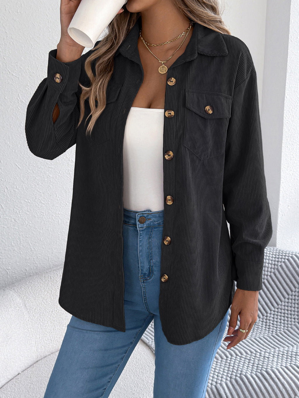 Corduroy Chest Pocket Mid Length Shacket - Black