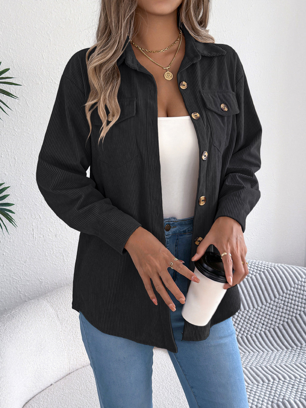 Corduroy Chest Pocket Mid Length Shacket - Black - 1