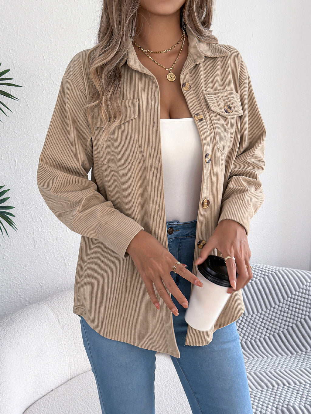Corduroy Chest Pocket Mid Length Shacket - Khaki