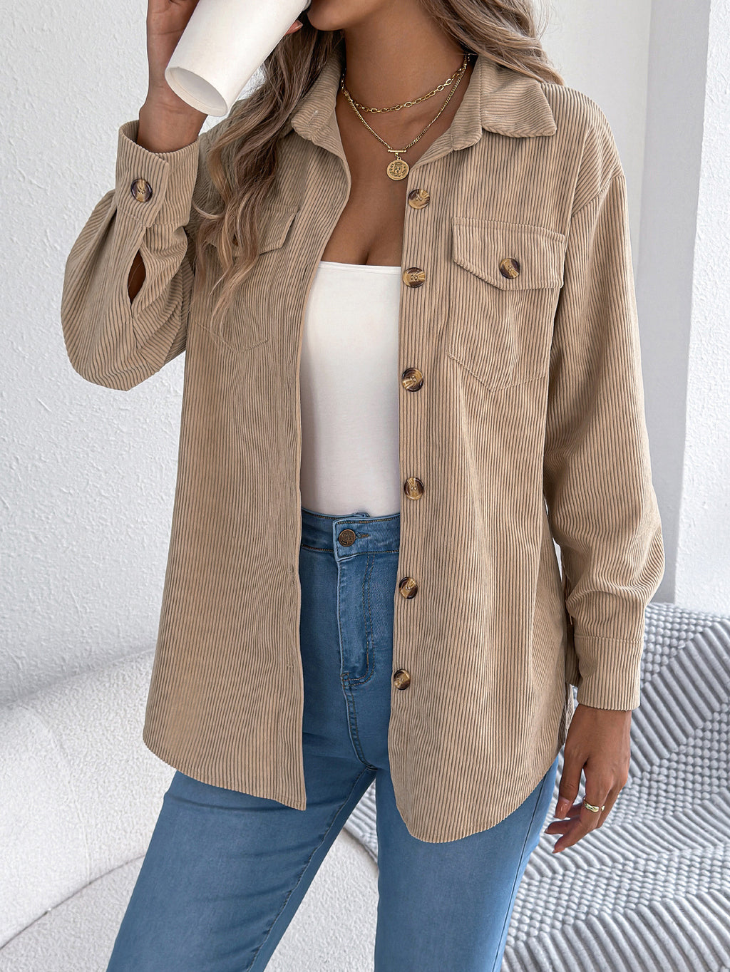 Corduroy Chest Pocket Mid Length Shacket - Khaki - 1