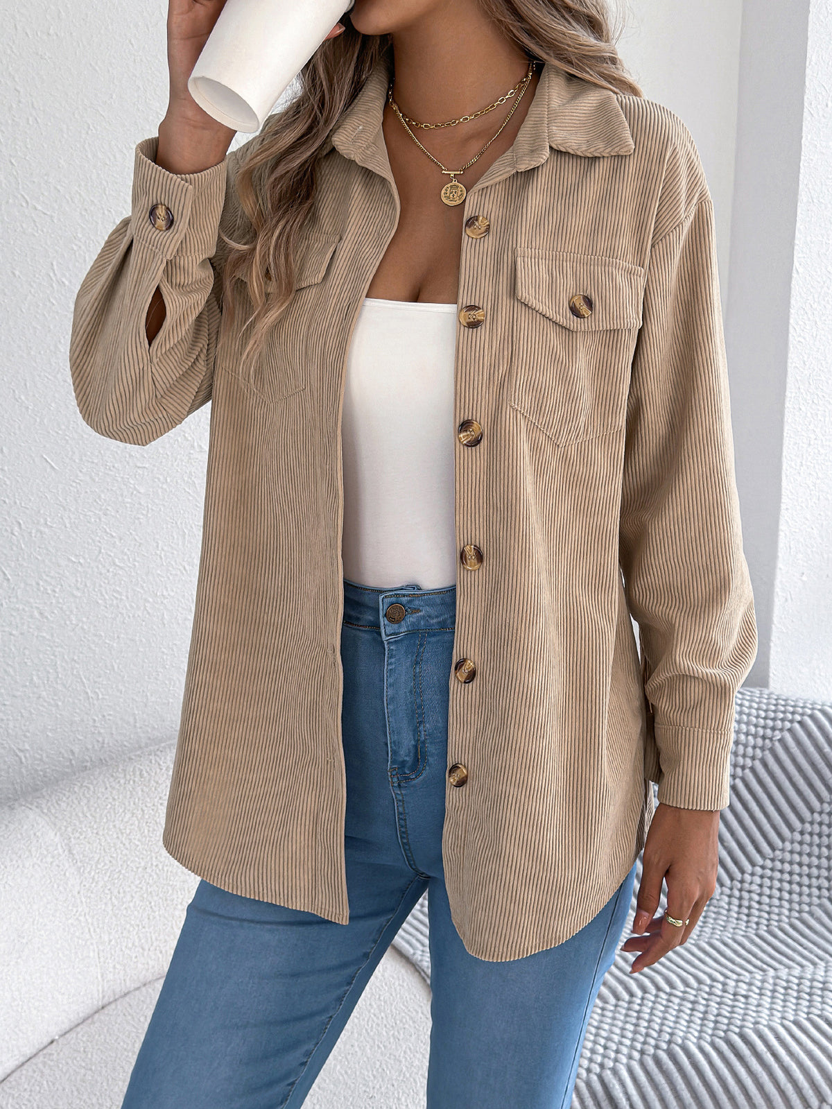 Corduroy Chest Pocket Mid Length Shacket - Khaki - 1