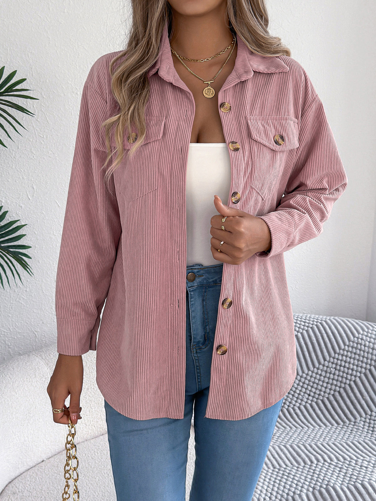 Corduroy Chest Pocket Mid Length Shacket - Pink