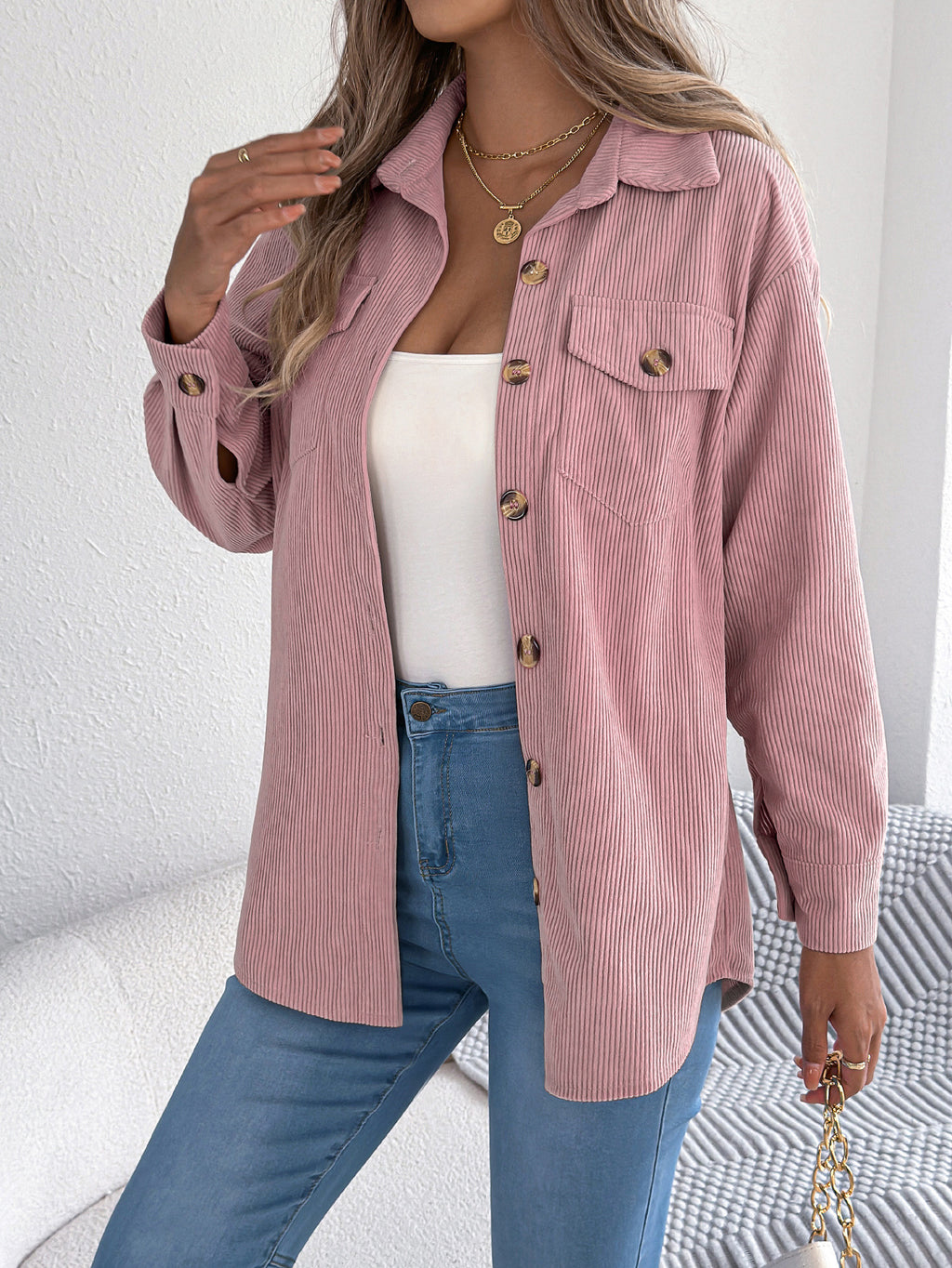 Corduroy Chest Pocket Mid Length Shacket - Pink - 1