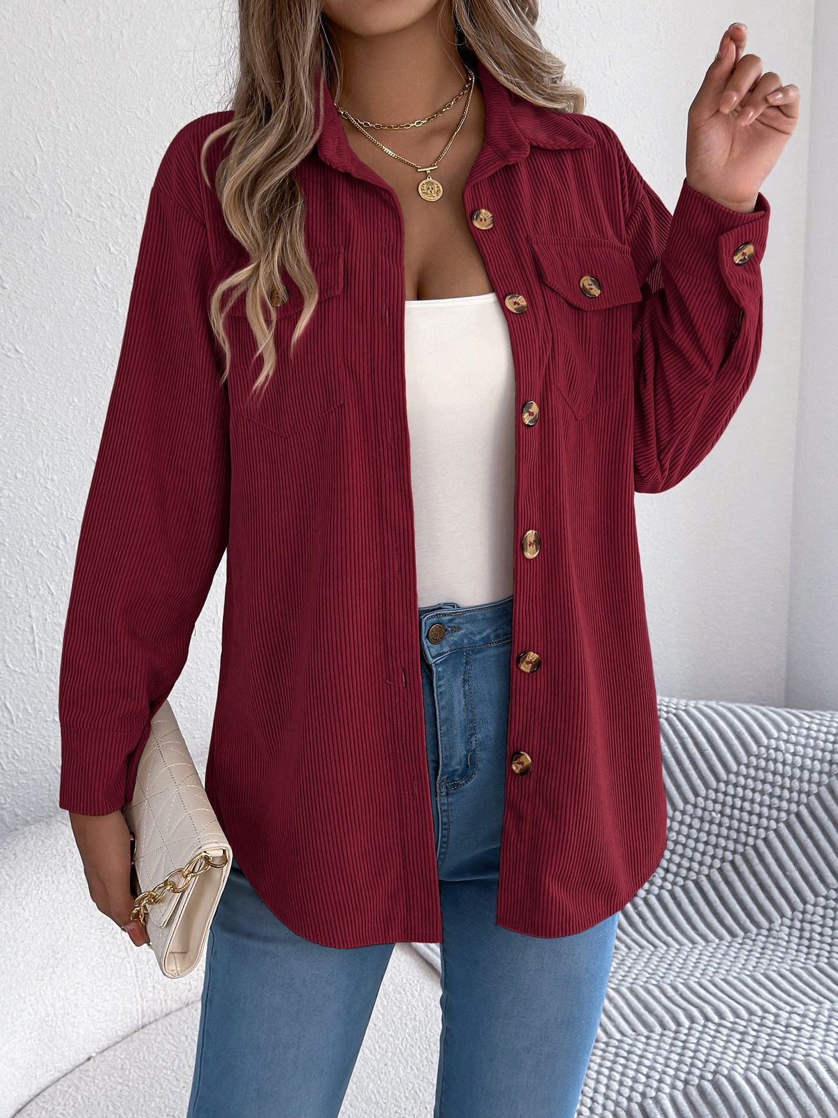 Corduroy Chest Pocket Mid Length Shacket - Winered