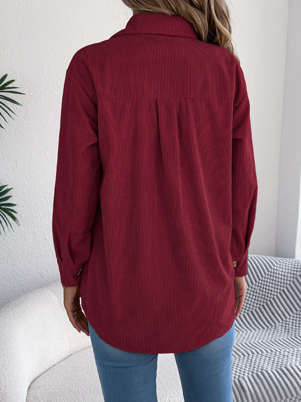 Corduroy Chest Pocket Mid Length Shacket - Winered - 1