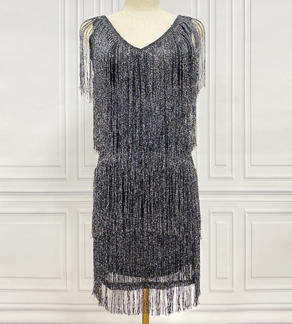 Tiered Tassel Fringe V Neck Mini Dress - Black