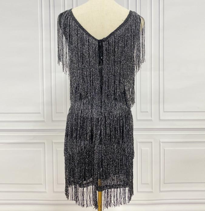 Tiered Tassel Fringe V Neck Mini Dress - Black - 1