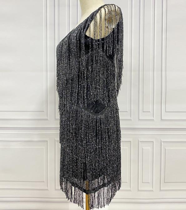 Tiered Tassel Fringe V Neck Mini Dress - Black - 2