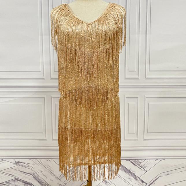 Tiered Tassel Fringe V Neck Mini Dress - Champagn