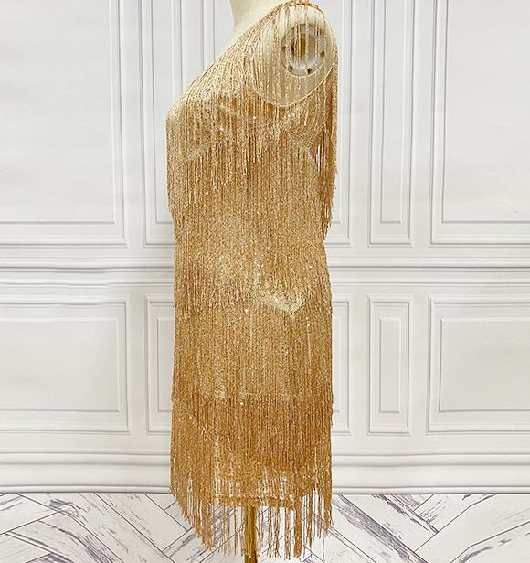 Tiered Tassel Fringe V Neck Mini Dress - Champagn - 1