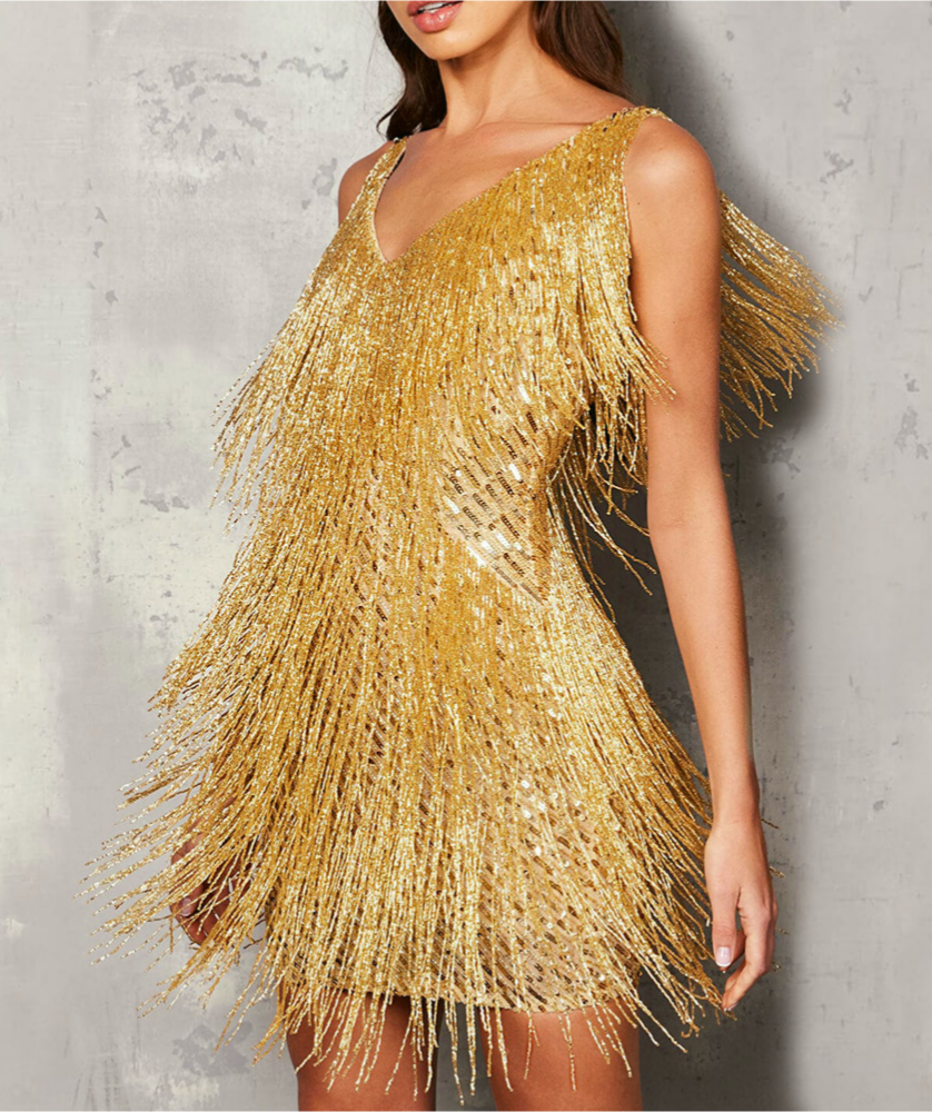 Tiered Tassel Fringe V Neck Mini Dress - Golden