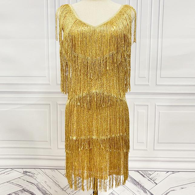 Tiered Tassel Fringe V Neck Mini Dress - Golden - 1