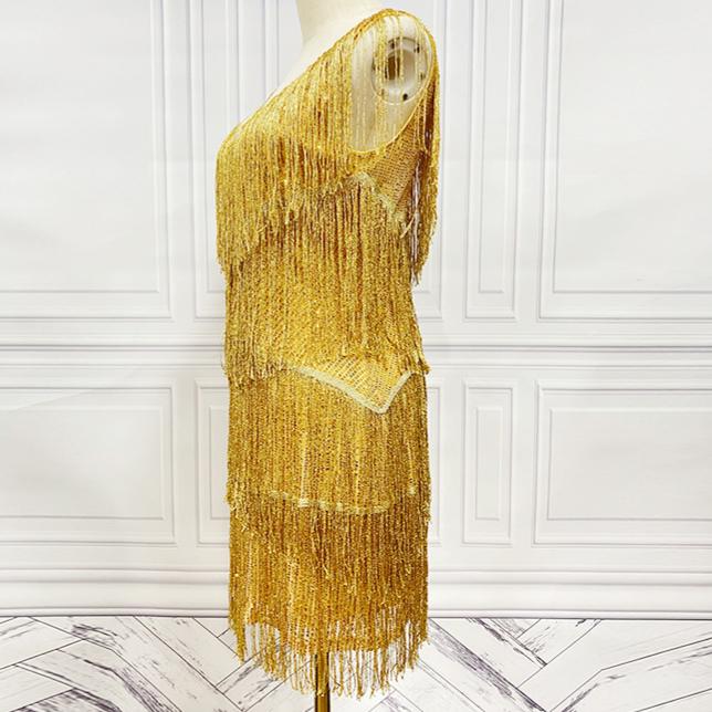 Tiered Tassel Fringe V Neck Mini Dress - Golden - 2