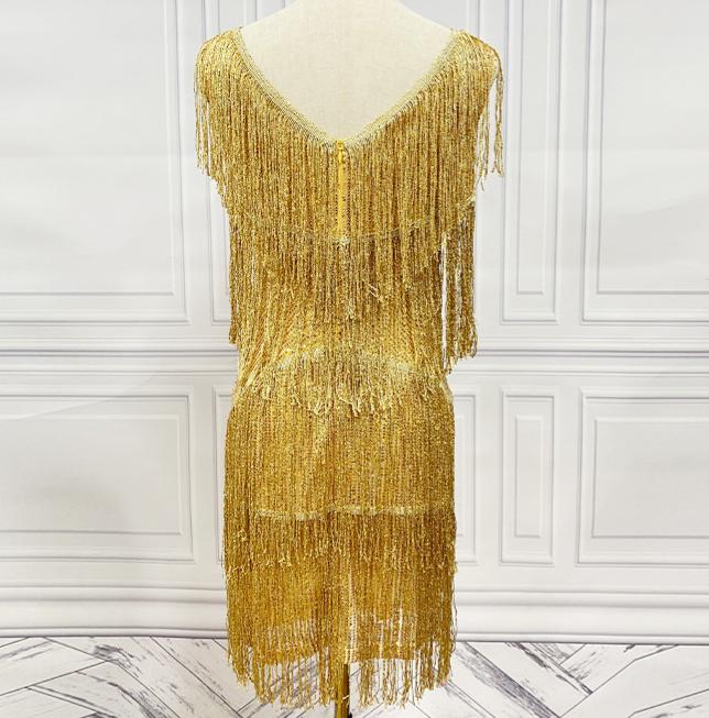 Tiered Tassel Fringe V Neck Mini Dress - Golden - 3
