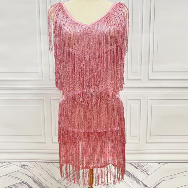 Tiered Tassel Fringe V Neck Mini Dress - Pink