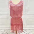 Tiered Tassel Fringe V Neck Mini Dress - Pink