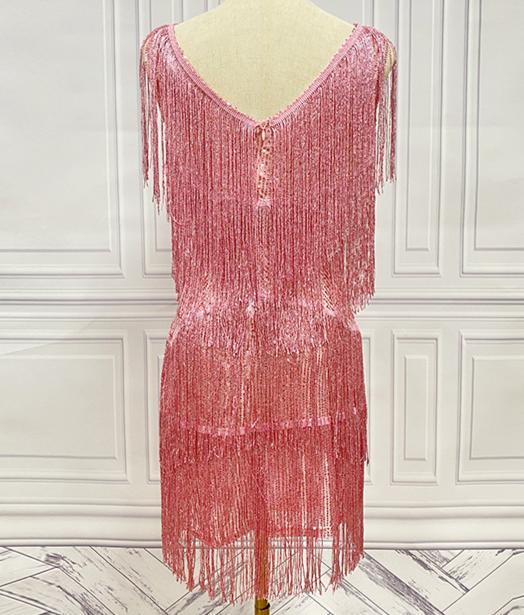 Tiered Tassel Fringe V Neck Mini Dress - Pink - 1