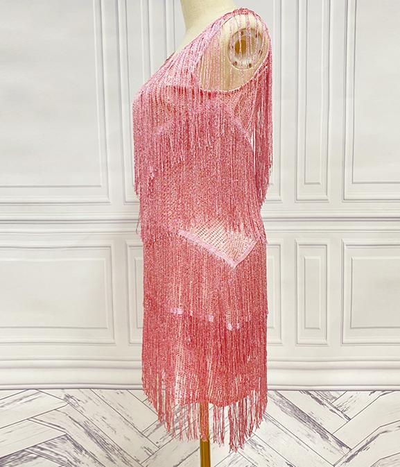 Tiered Tassel Fringe V Neck Mini Dress - Pink - 2